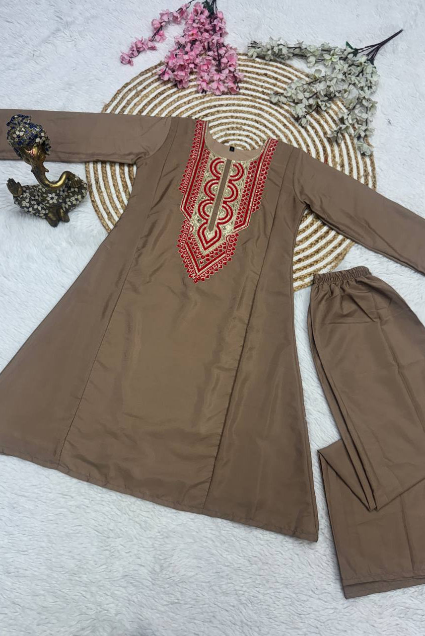 aupe Brown Embroidered Kurta Set with Palazzo