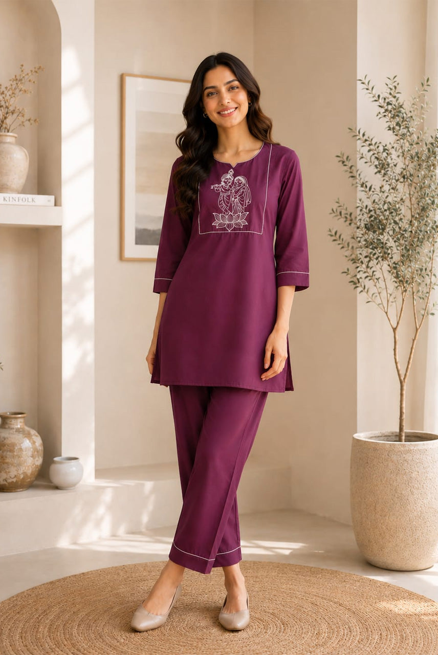 Plum Purple Embroidered Co-Ord Set for Women