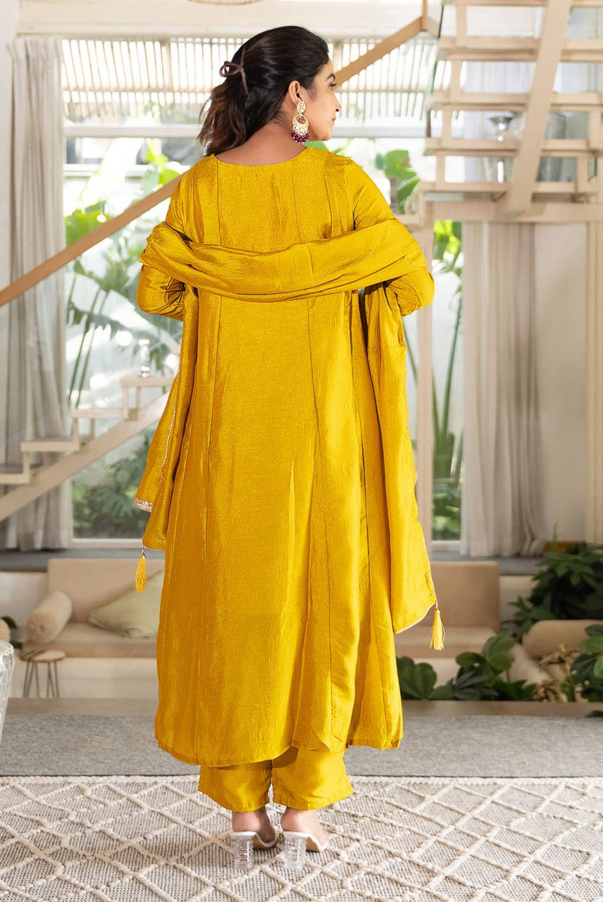 Mustard Yellow Embroidered Kurta Set with Dupatta