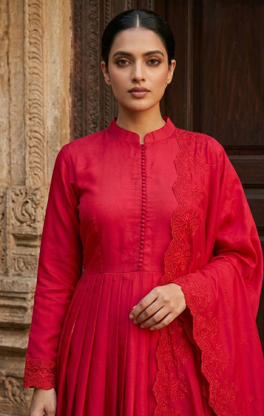 Ruhani Crimson Red Anarkali Kurta Set with Designer Dupatta