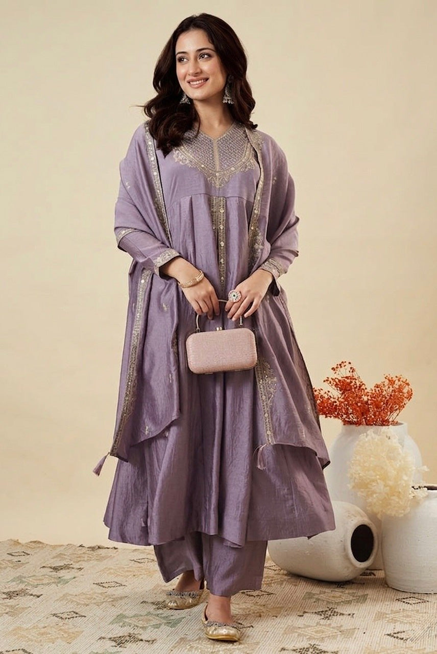 Lavender Embroidered A-Line Kurta Palazzo Set with Dupatta