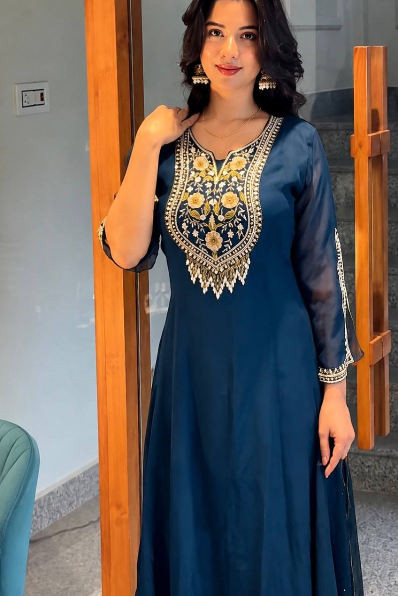 Midnight Blue Embroidered Faux Georgette Anarkali Suit Set with Dupatta