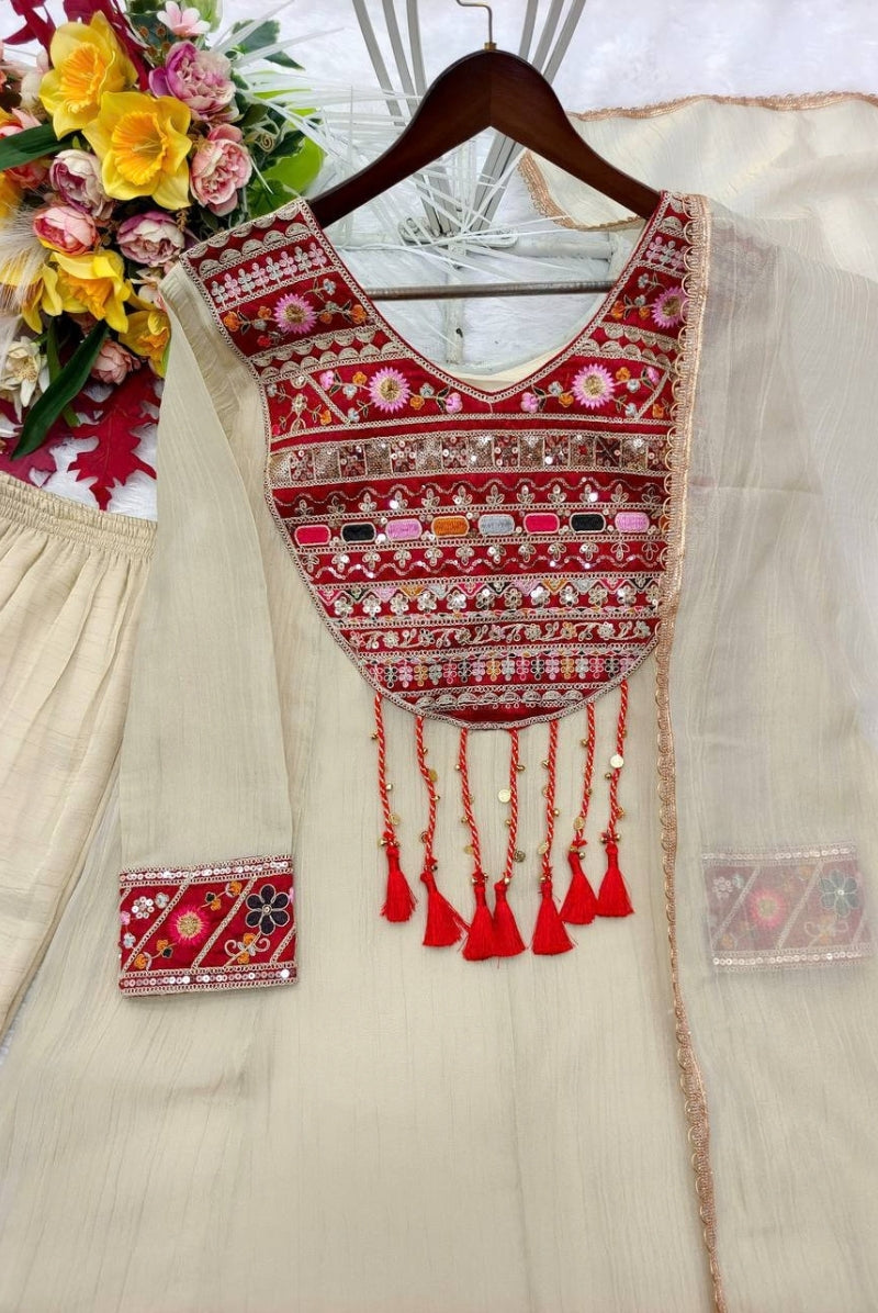 Ivory Embroidered Salsa Crush Silk Anarkali Pant Dupatta Set