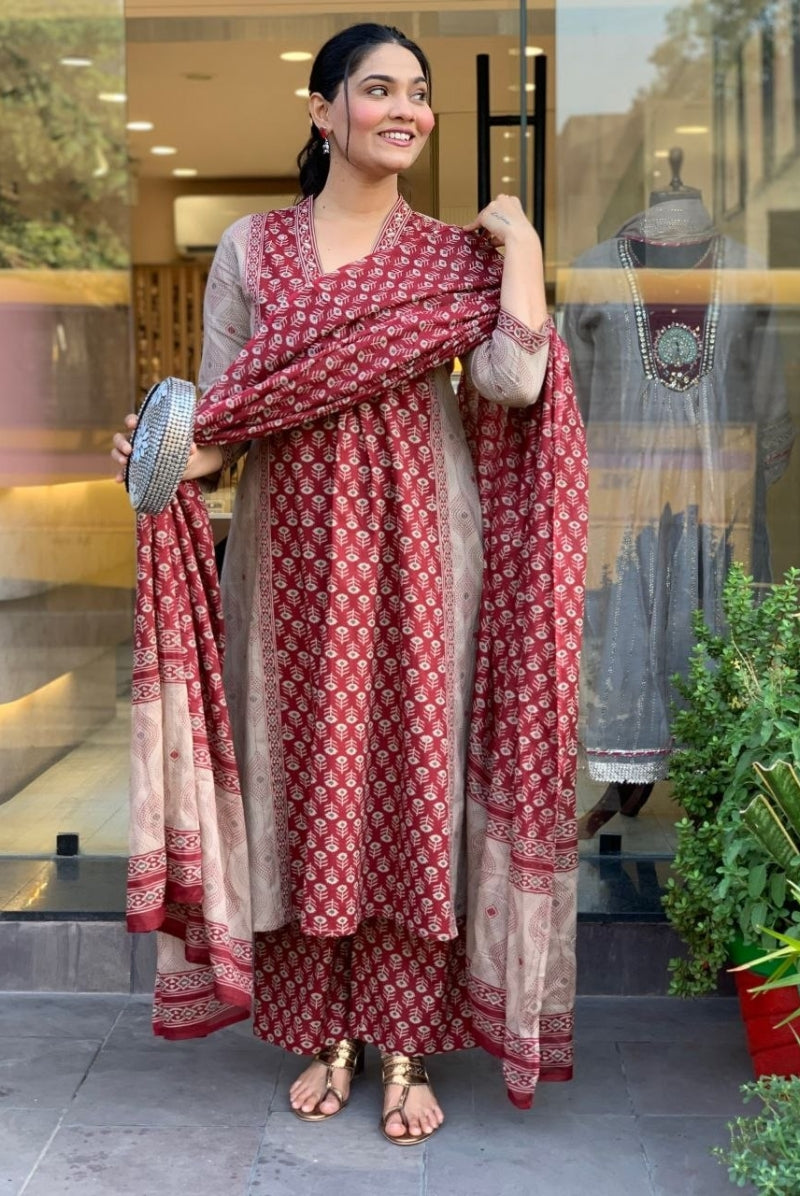 Maroon Printed Jaipur Cotton Suit Set with Dupatta
