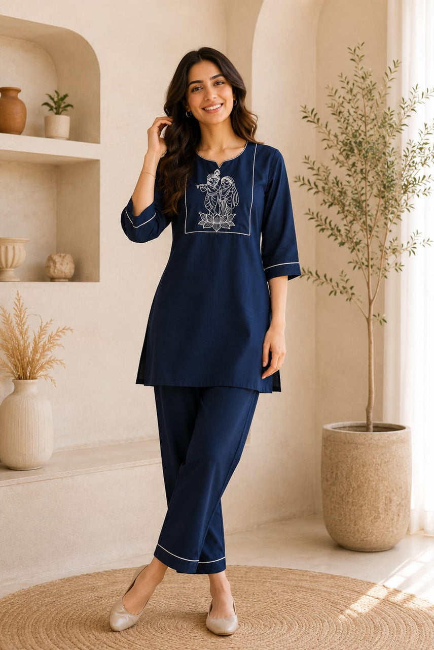 Navy Blue Embroidered Co-Ord Set for Women