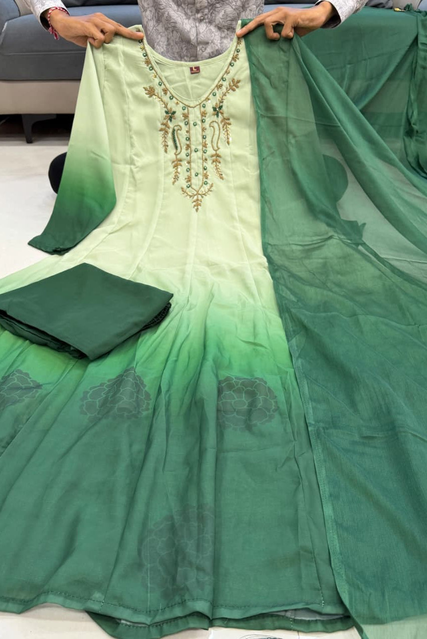 Sage Green Ombre Embroidered Anarkali Kurta Set with Dupatta