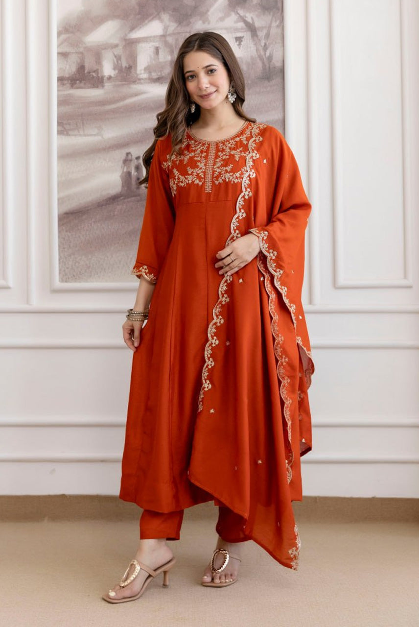 Rust Orange Embroidered A-Line Kurta Set with Dupatta