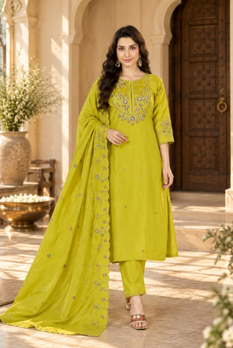 Lime Green Marina Silk Embroidered Suit Set with Dupatta