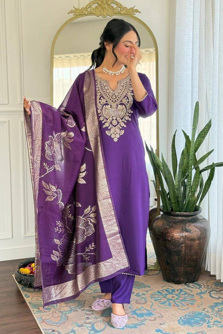 Royal Purple Embroidered Kurta Pant Set with Floral Printed Dupatta