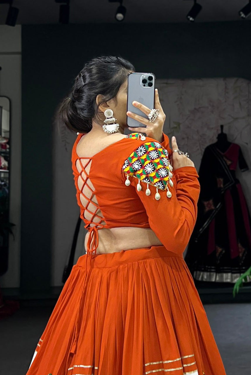 Orange & White Navratri Crop Top with Flared Lehenga Skirt