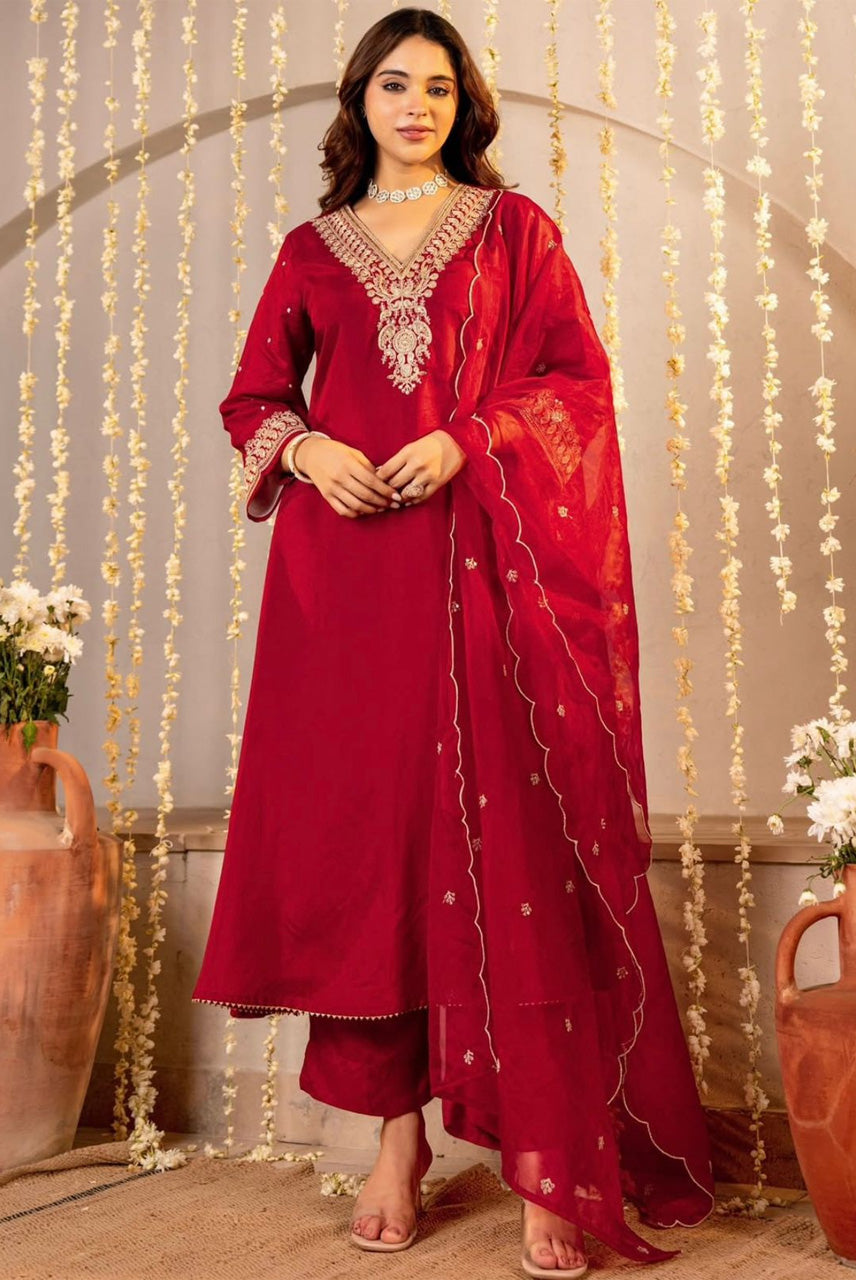 Ruby Red Embroidered Straight Kurta Set with Organza Dupatta