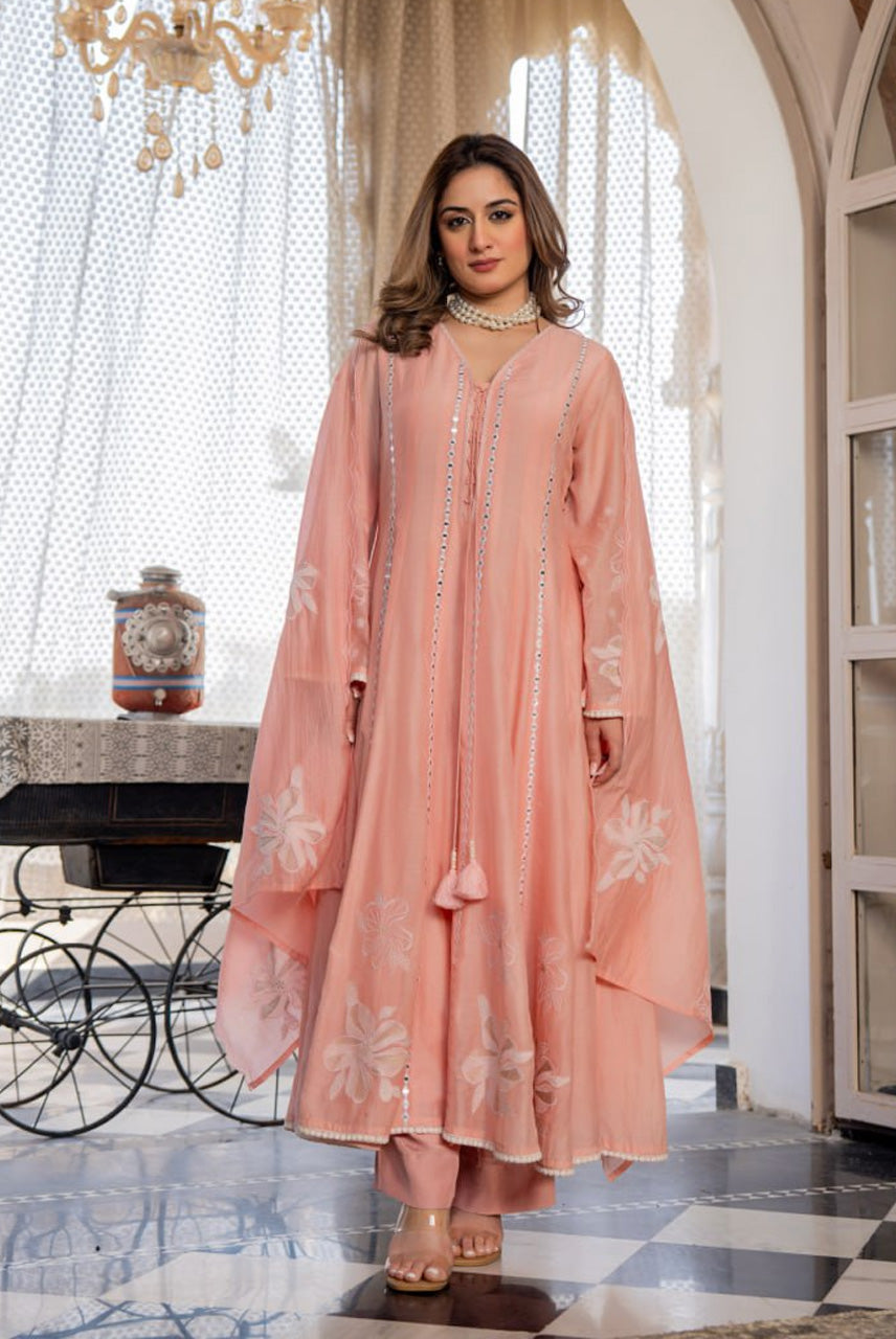 Peach Embroidered A-Line Kurta Set with Dupatta