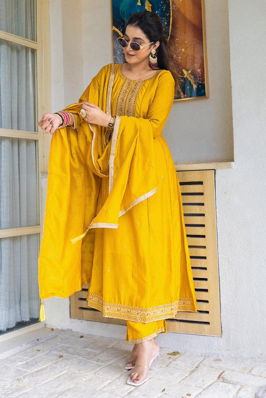 Mustard Yellow Embroidered Kurta Set with Dupatta