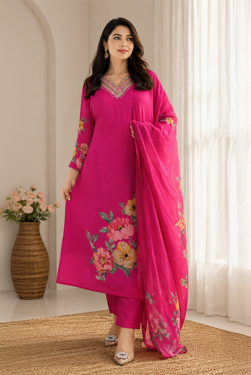 Rani Pink Floral Printed Kurta Set with Printed Dupatta