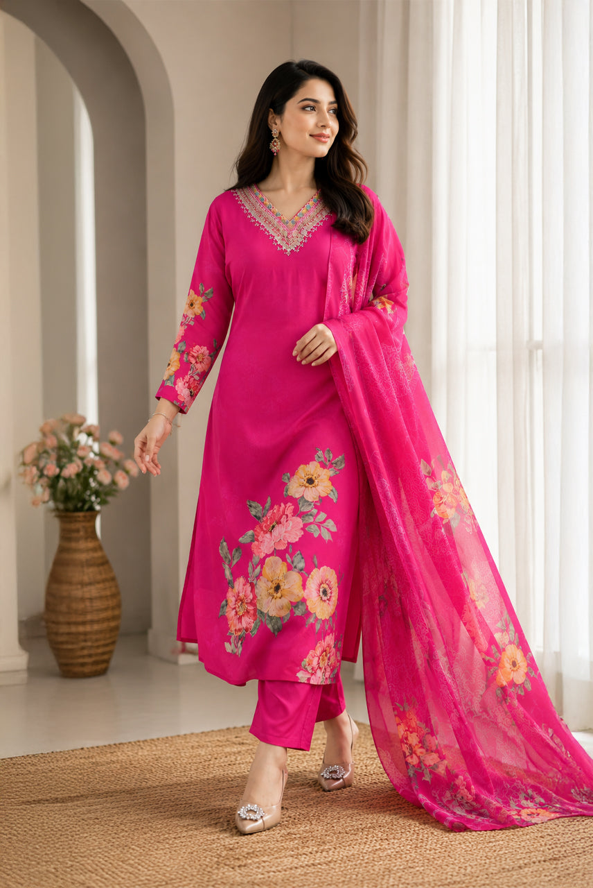 Rani Pink Floral Printed Kurta Set with Printed Dupatta