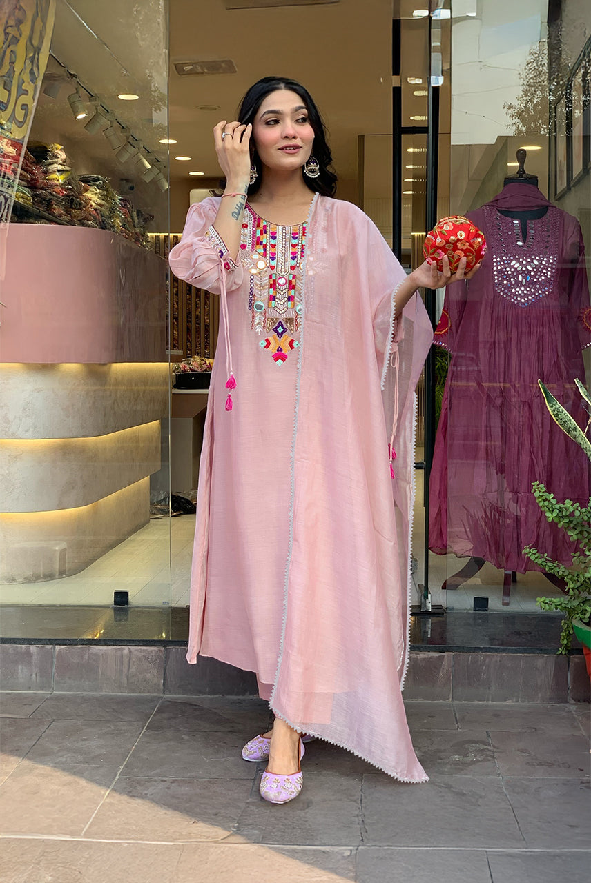 Blush Pink Embroidered Kaftan Kurta Set