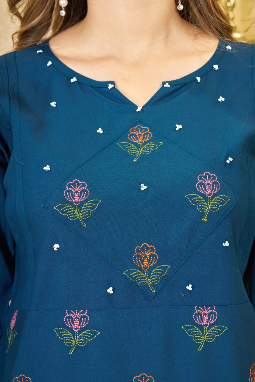 Women's Teal Blue Embroidered Kurta Palazzo Set