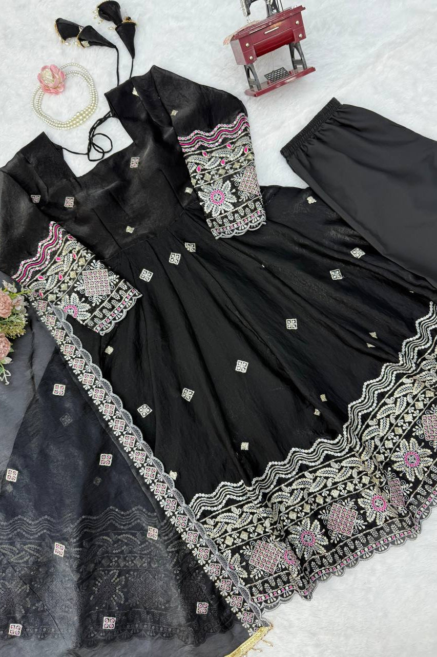 Noor-E-Shaam Black Embroidered Anarkali Set with Designer Dupatta