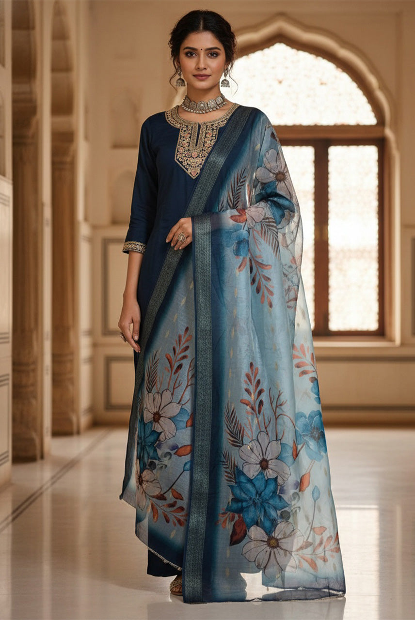 Midnight Blue Floral Organza Dupatta Kurta Set