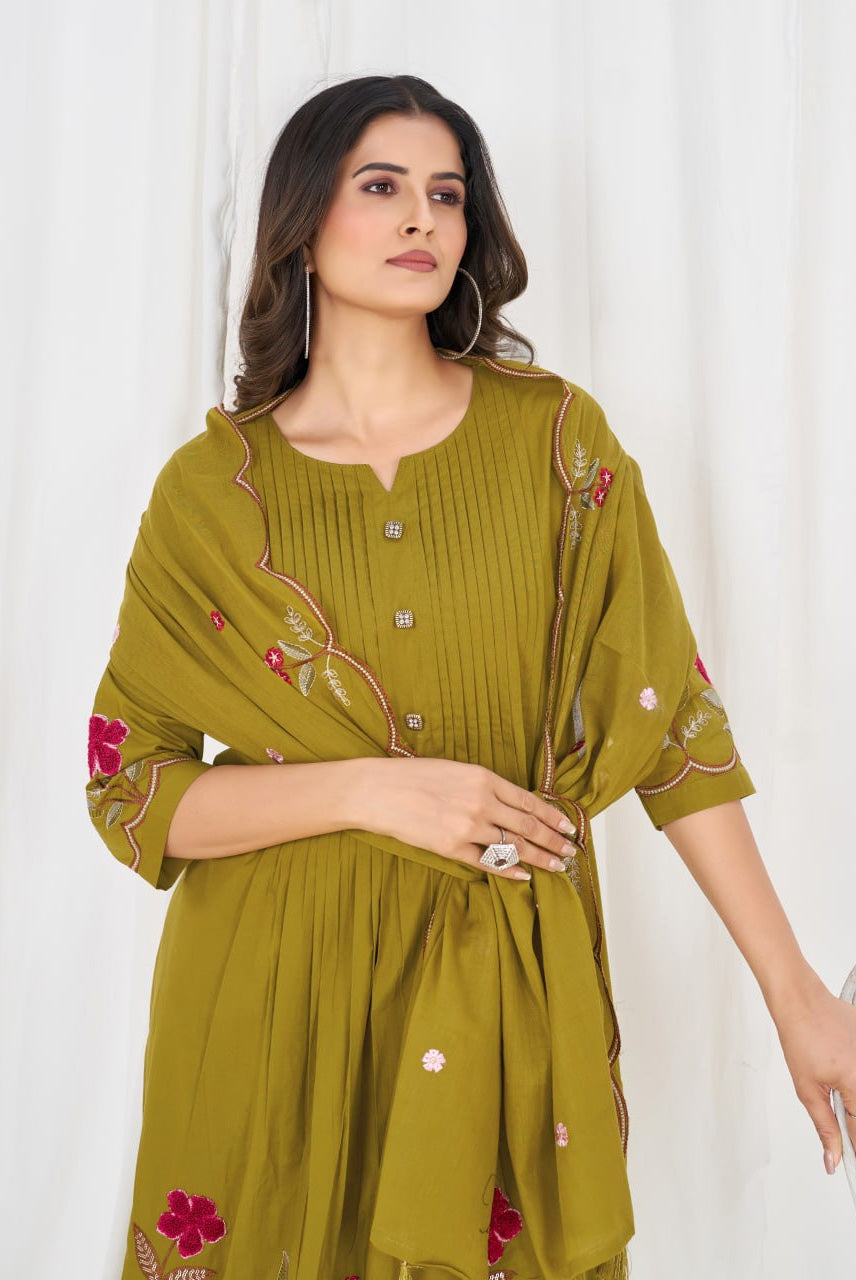 Mustard Olive Floral Embroidered Anarkali Suit Set