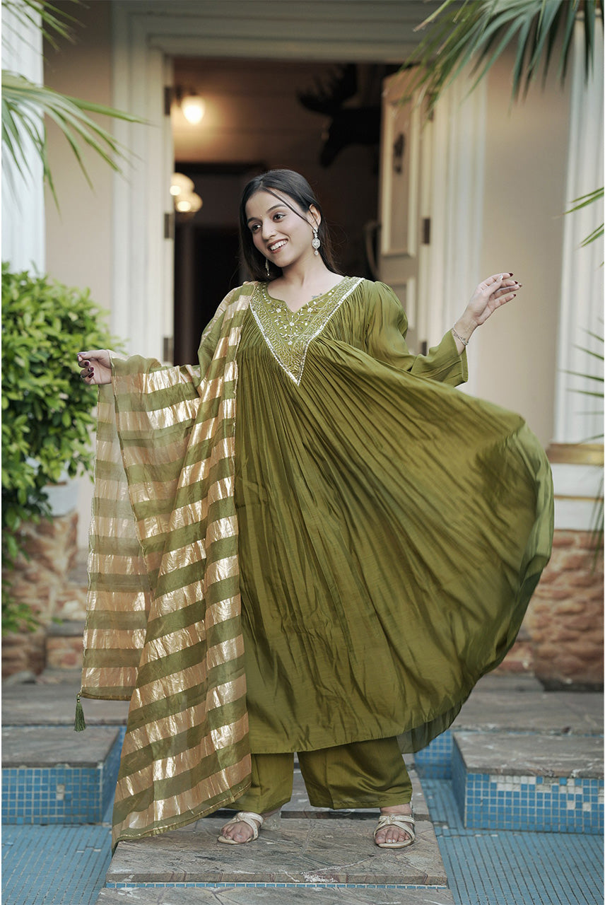 Olive Zaria Pleated Anarkali Suit Set with Metallic Striped Dupatta