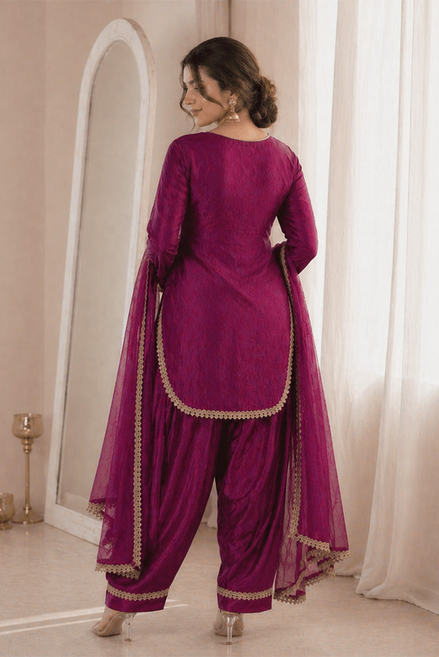 Magenta Purple Lace Detailed Kurta Pant Set with Dupatta