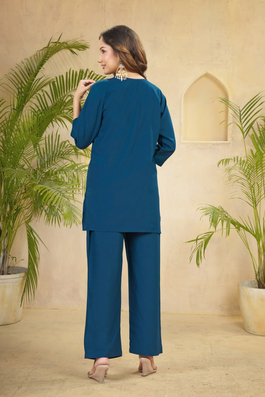 Women's Teal Blue Embroidered Kurta Palazzo Set