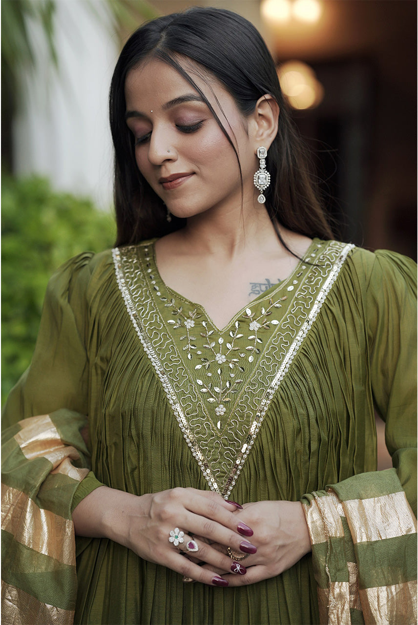 Olive Zaria Pleated Anarkali Suit Set with Metallic Striped Dupatta