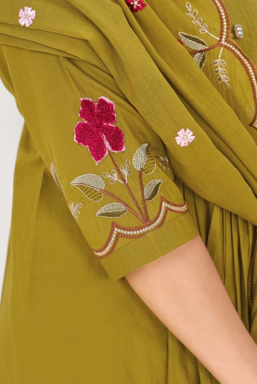 Mustard Olive Floral Embroidered Anarkali Suit Set