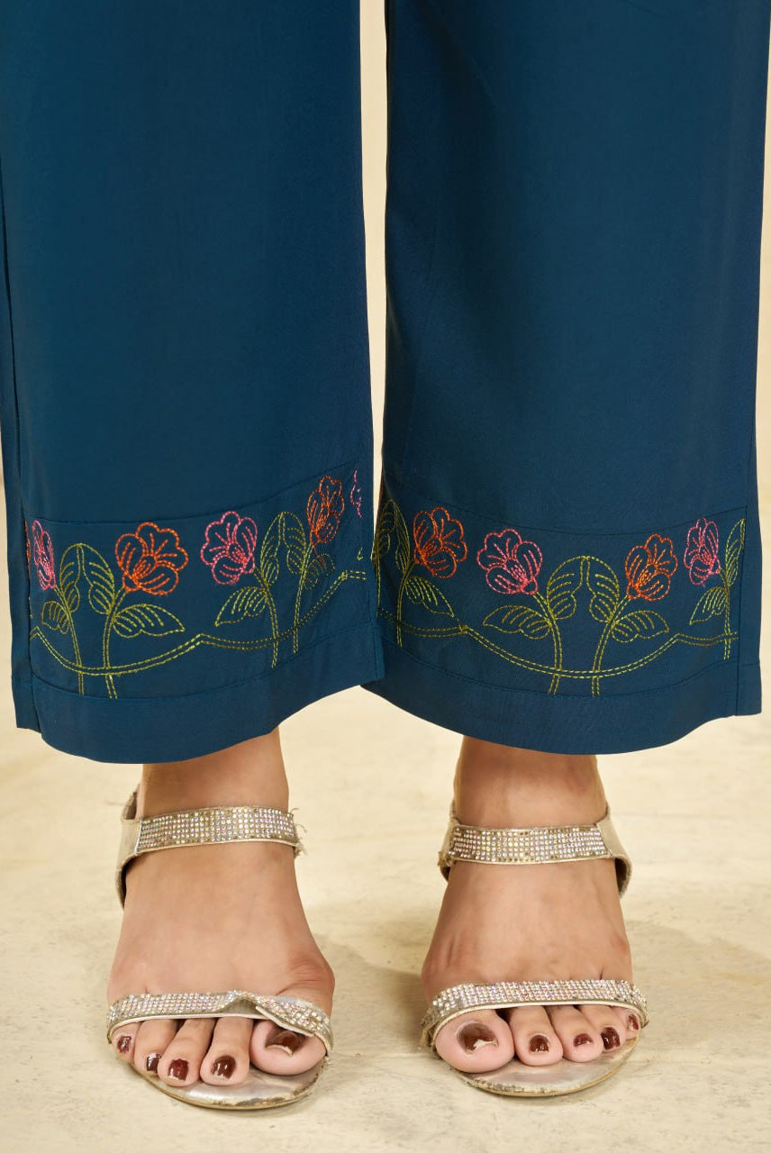 Women's Teal Blue Embroidered Kurta Palazzo Set