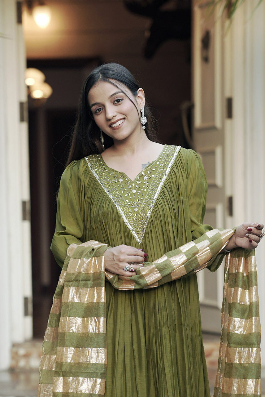 Olive Zaria Pleated Anarkali Suit Set with Metallic Striped Dupatta