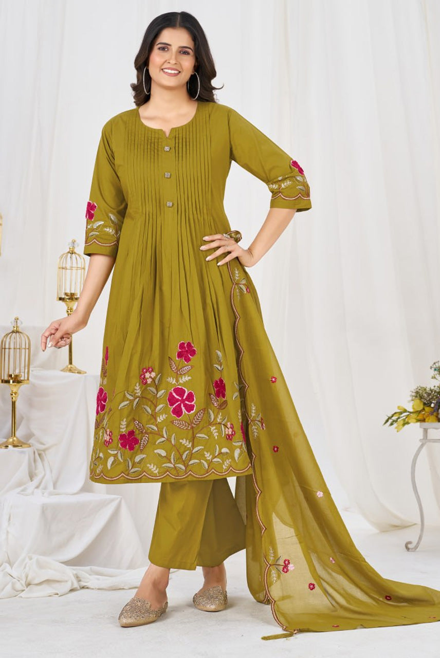 Mustard Olive Floral Embroidered Anarkali Suit Set