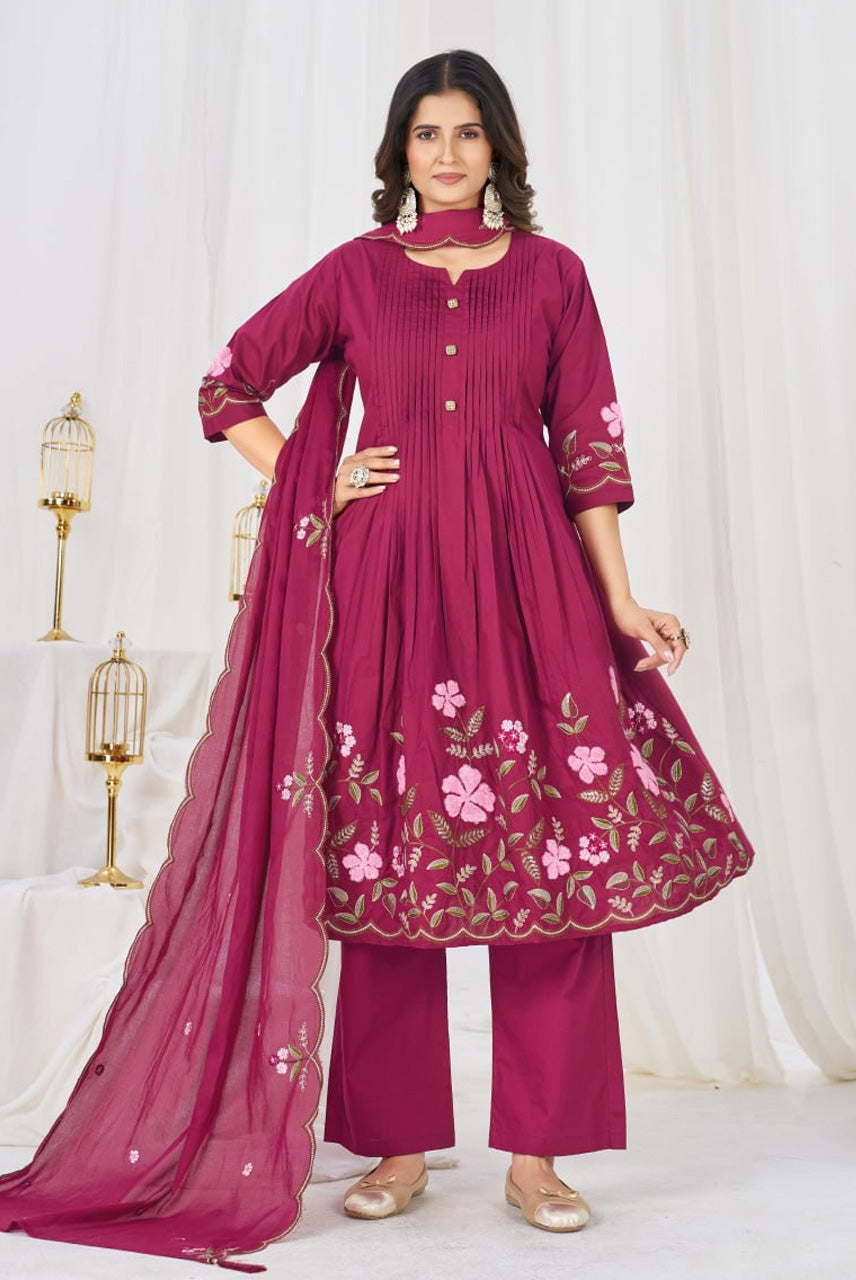 Rani Pink Floral Embroidered Anarkali Suit Set