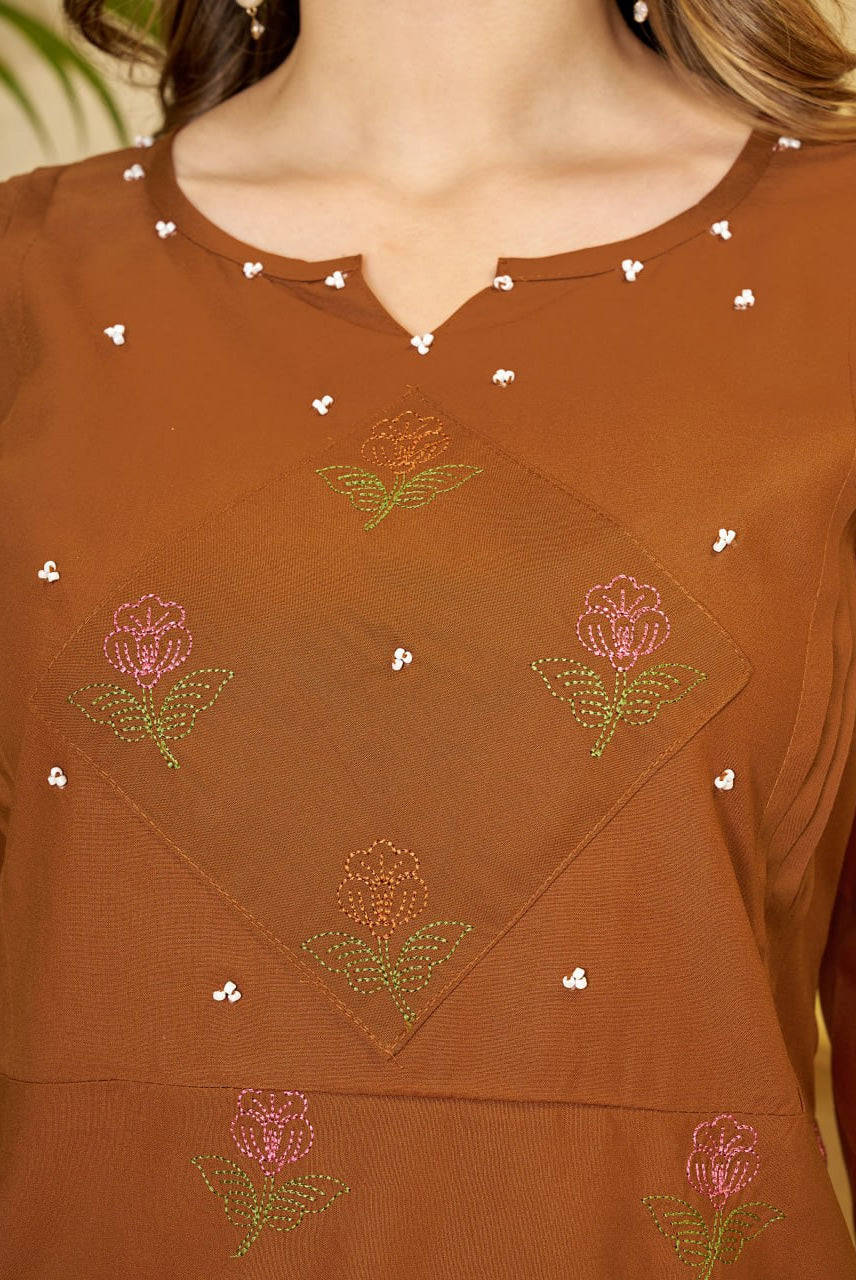 Women's Rust Brown Embroidered Kurta Palazzo Set