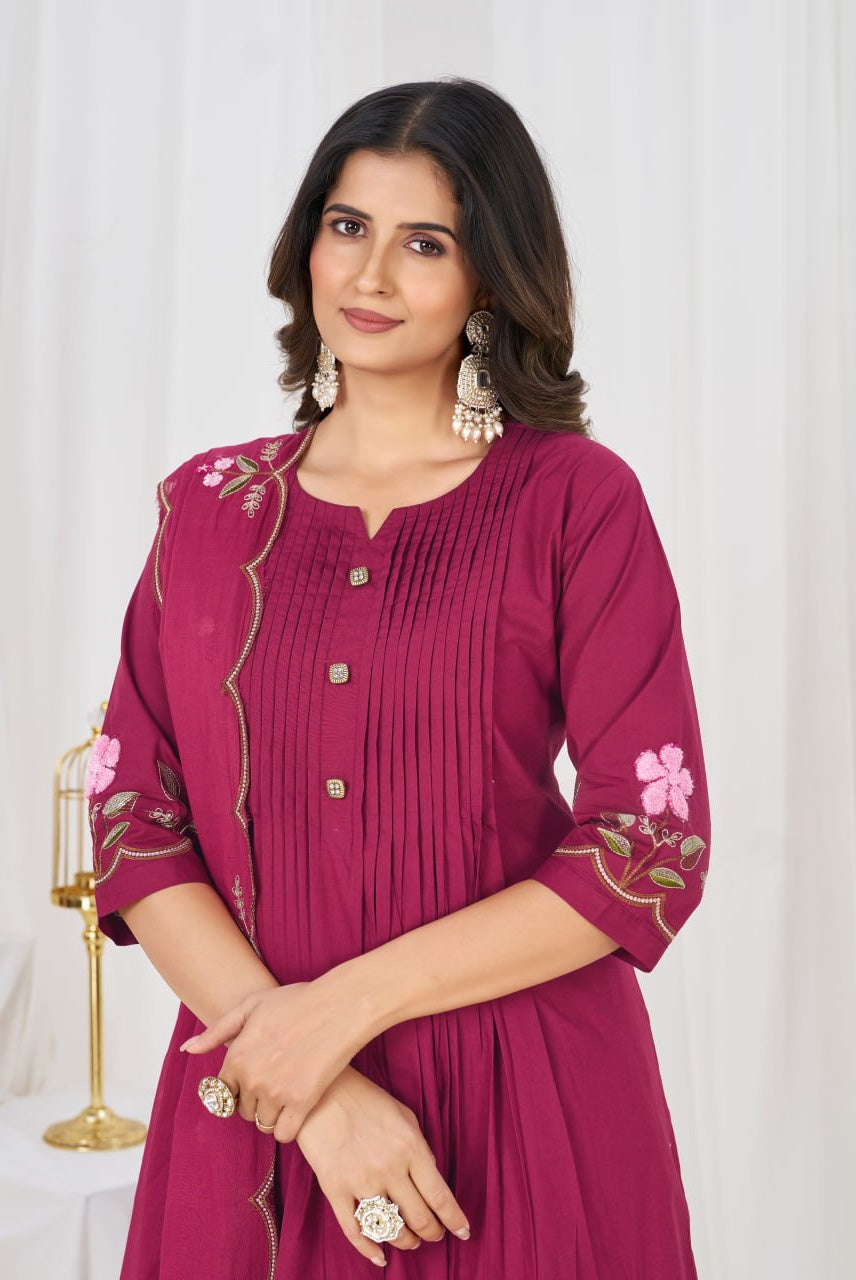 Rani Pink Floral Embroidered Anarkali Suit Set