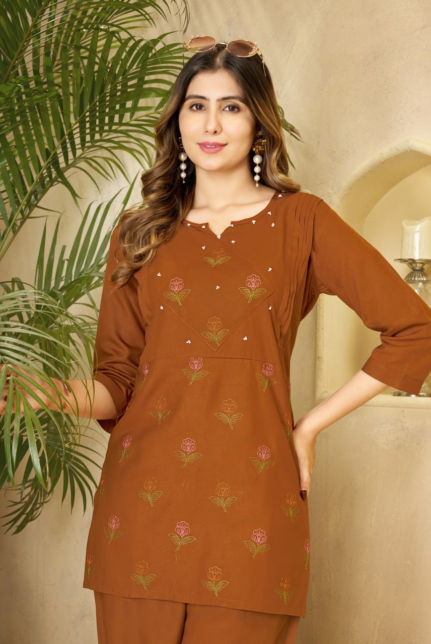 Women's Rust Brown Embroidered Kurta Palazzo Set