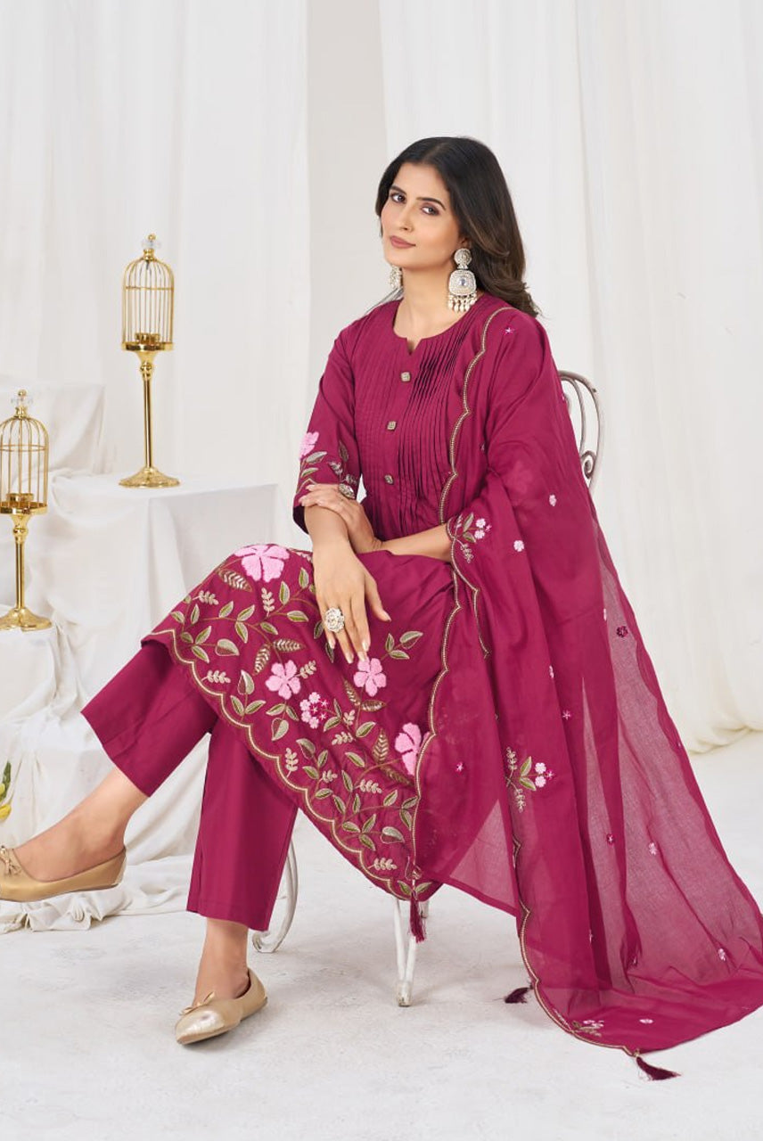 Rani Pink Floral Embroidered Anarkali Suit Set