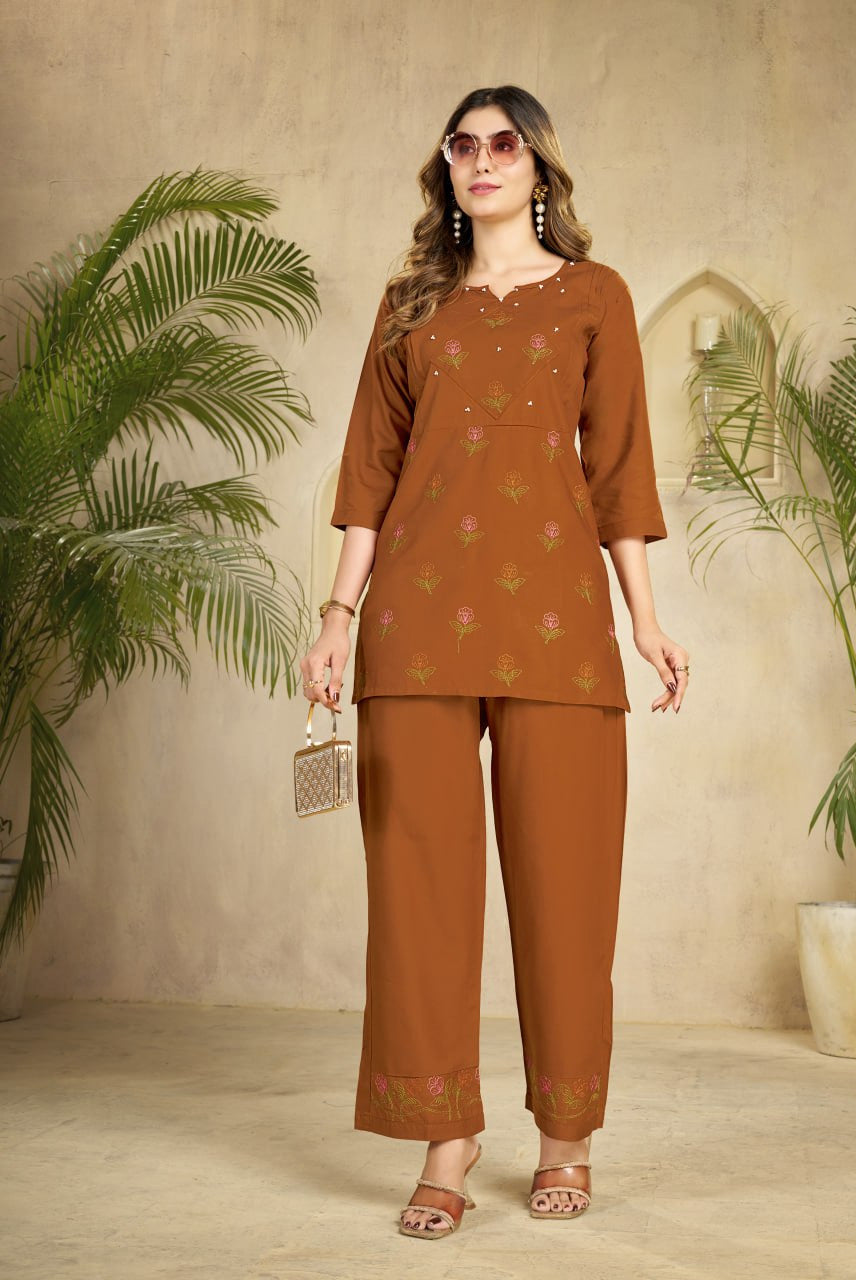 Women's Rust Brown Embroidered Kurta Palazzo Set