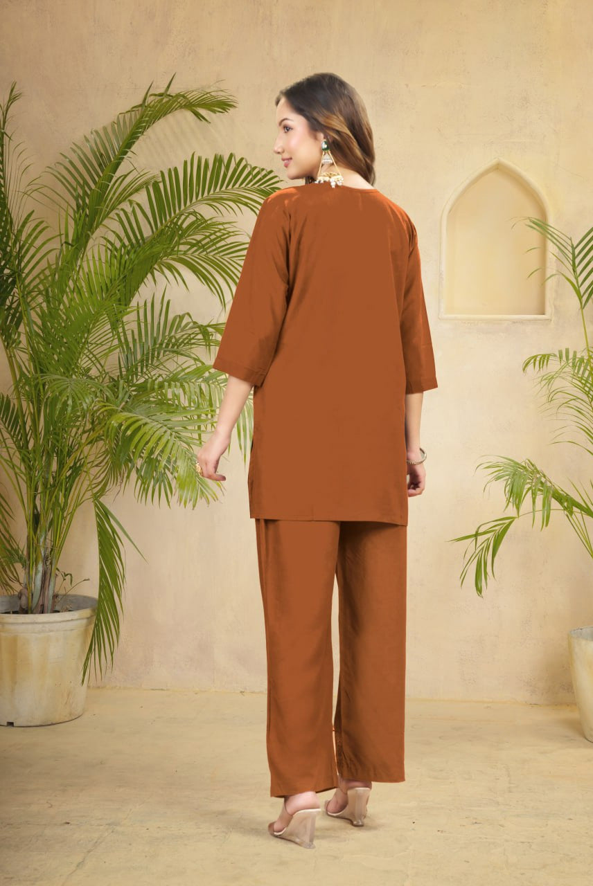 Women's Rust Brown Embroidered Kurta Palazzo Set