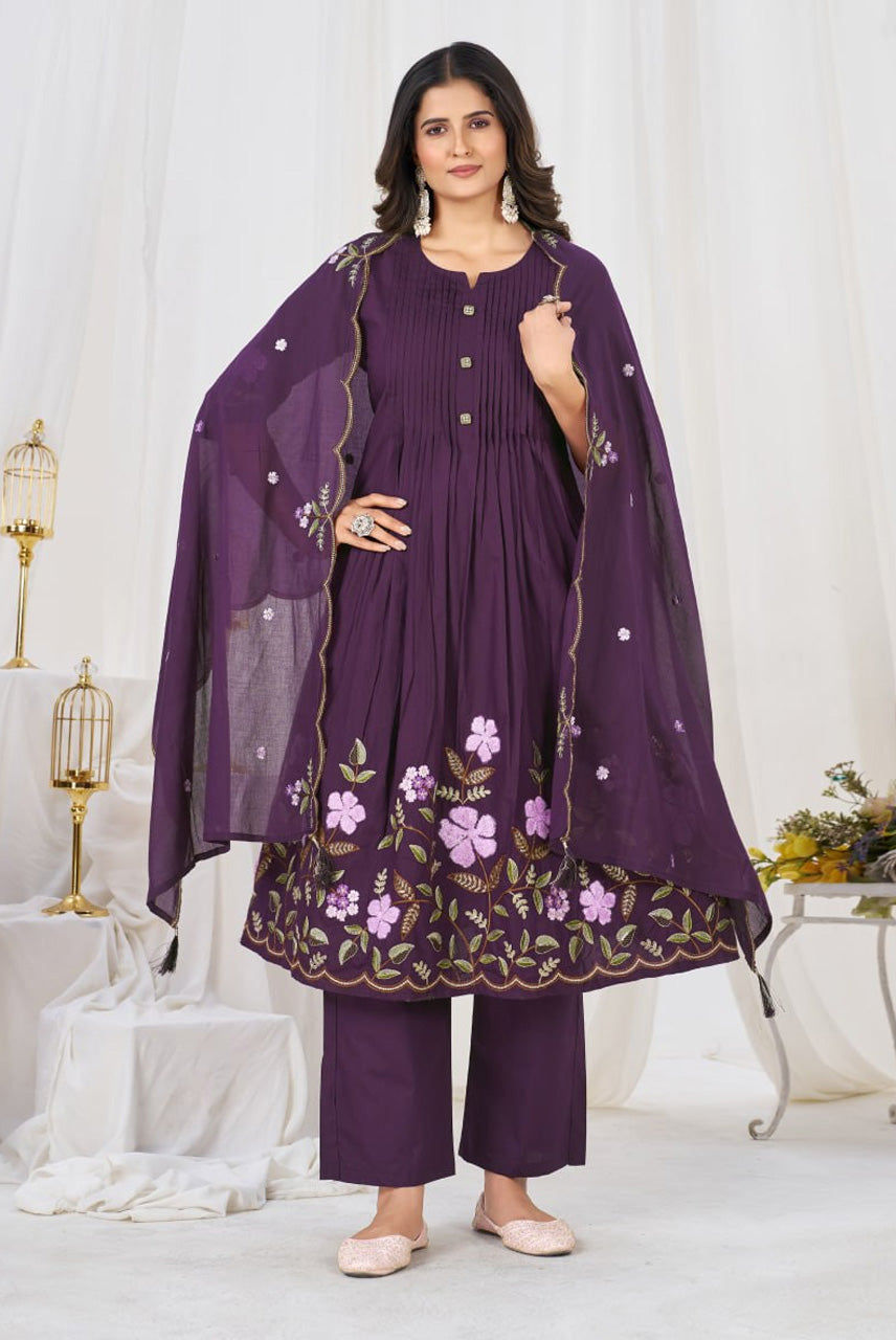 Royal Purple Floral Embroidered Anarkali Suit Set
