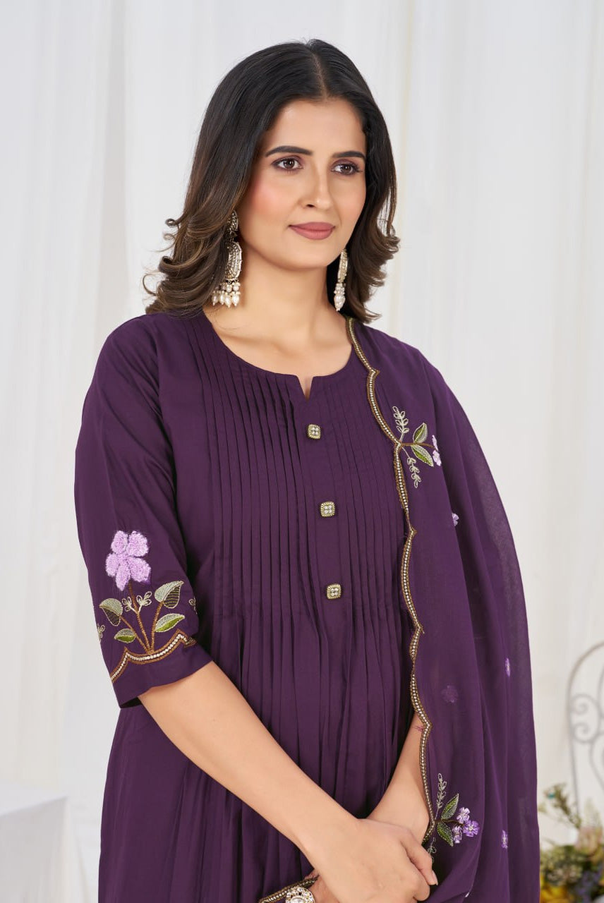 Royal Purple Floral Embroidered Anarkali Suit Set