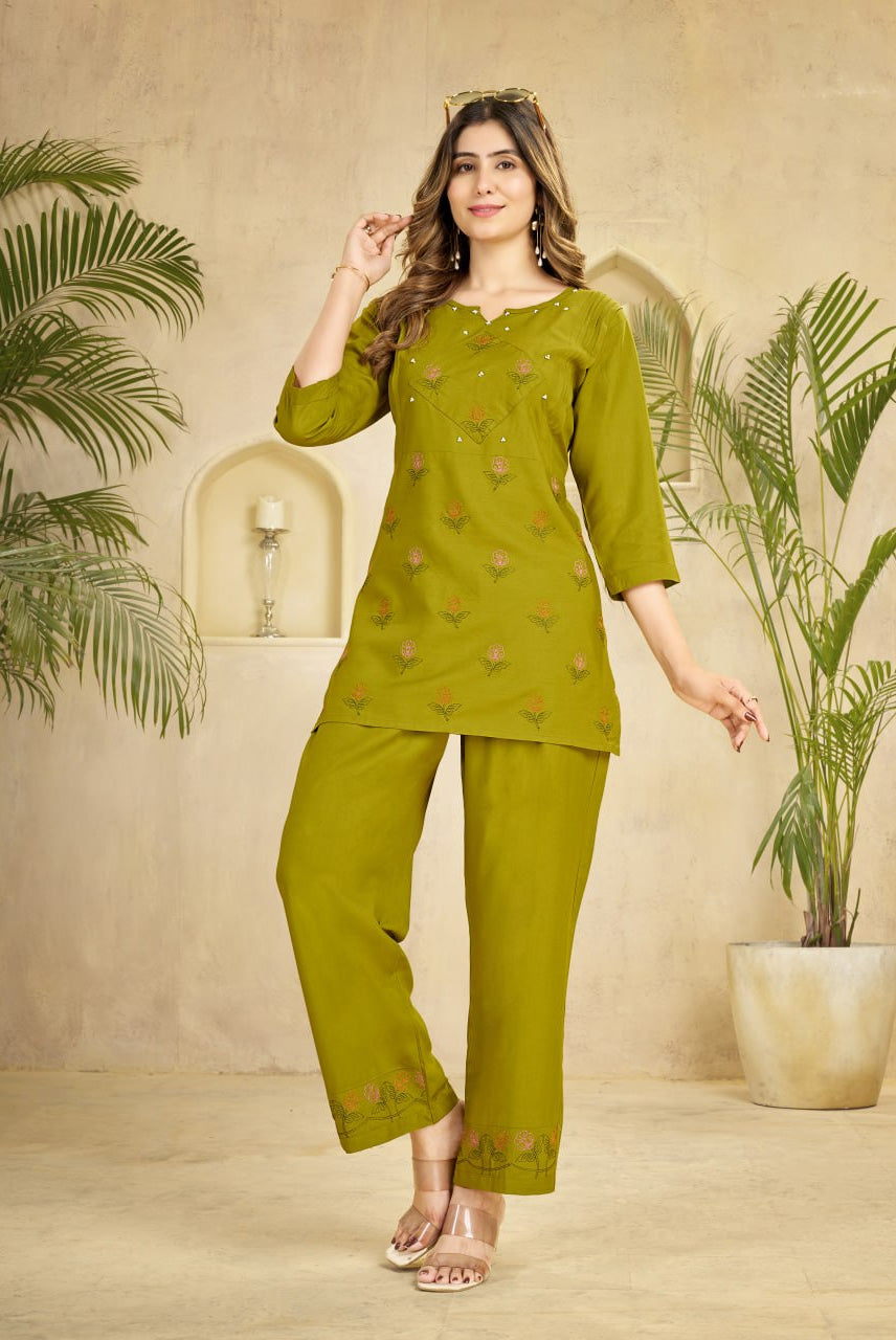 Olive Green Embroidered Kurta & Palazzo Co-ord Set