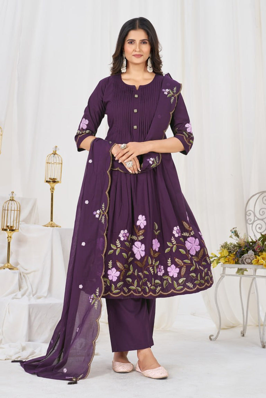 Royal Purple Floral Embroidered Anarkali Suit Set