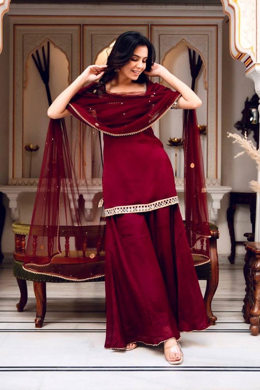 Mehrunisa Wine Sharara Set with Sheer Designer Dupatta