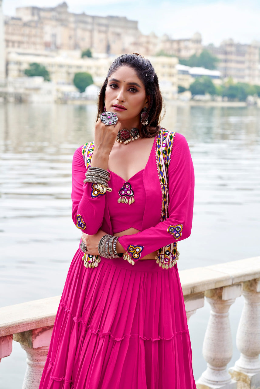 Gulabi Rang Navratri Chaniya Choli with Mirror Work Koti Set