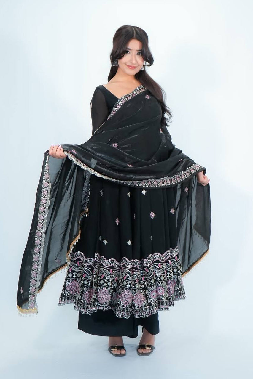 Noor-E-Shaam Black Embroidered Anarkali Set with Designer Dupatta