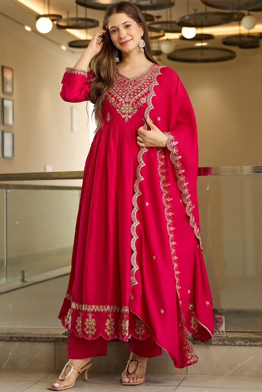 Rani Pink Embroidered Anarkali Suit Set with Dupatta