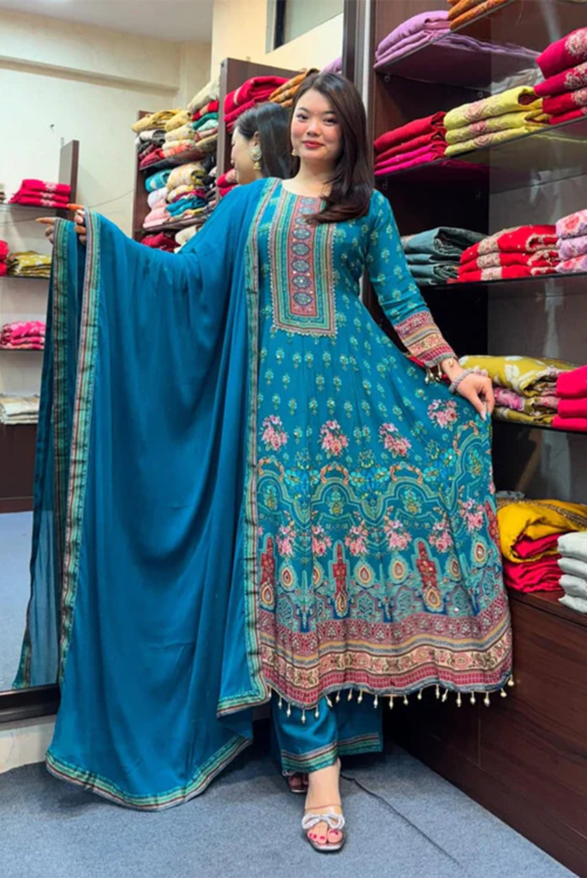 Teal Blue Floral Printed Anarkali Suit with Dupatta