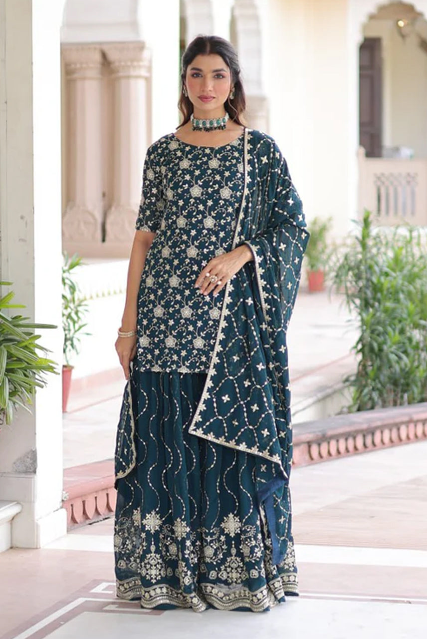 Midnight Teal Heavy Embroidered Kurta Sharara Set with Dupatta