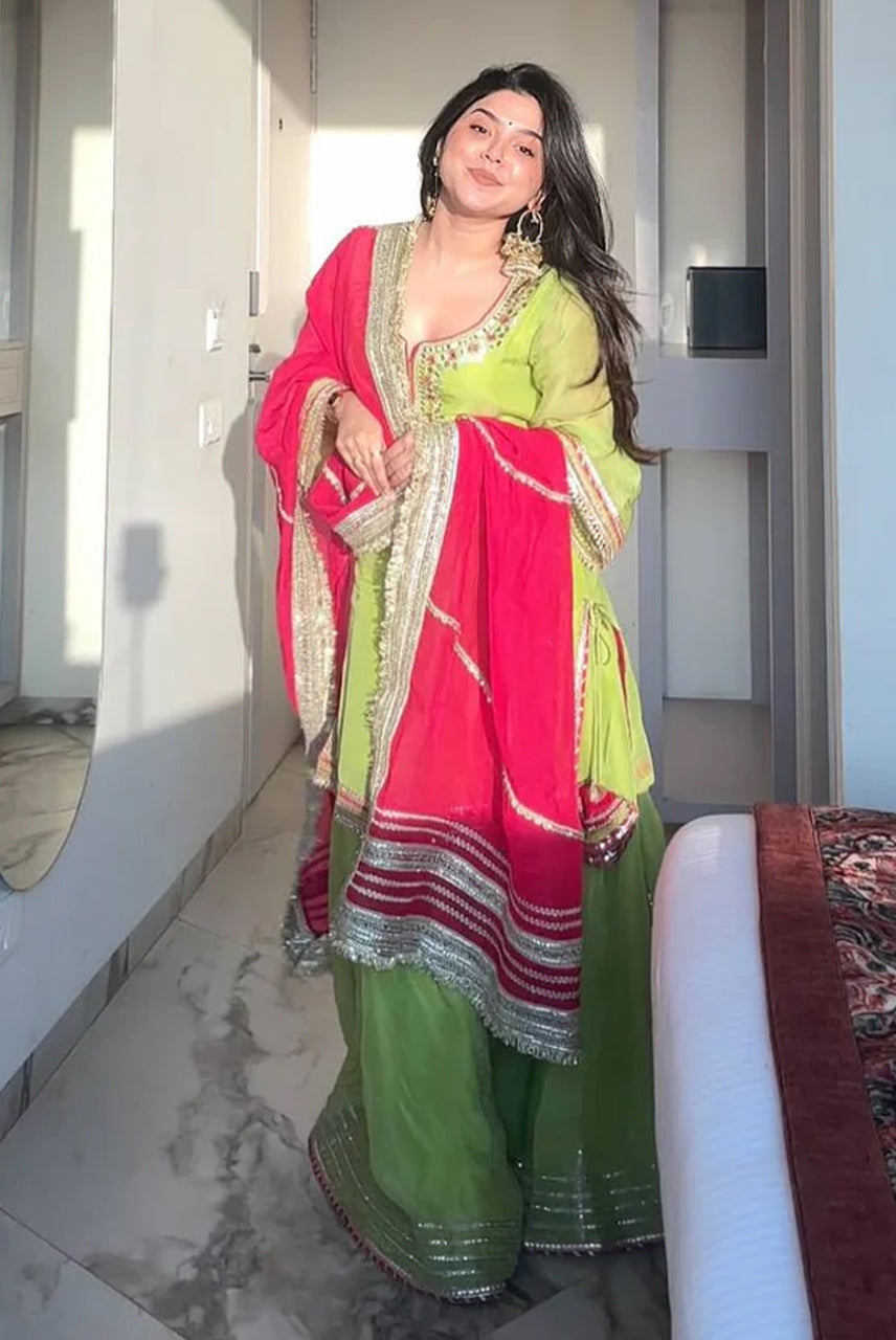 Lime Green Kurta Sharara Set with Rani Pink Dupatta